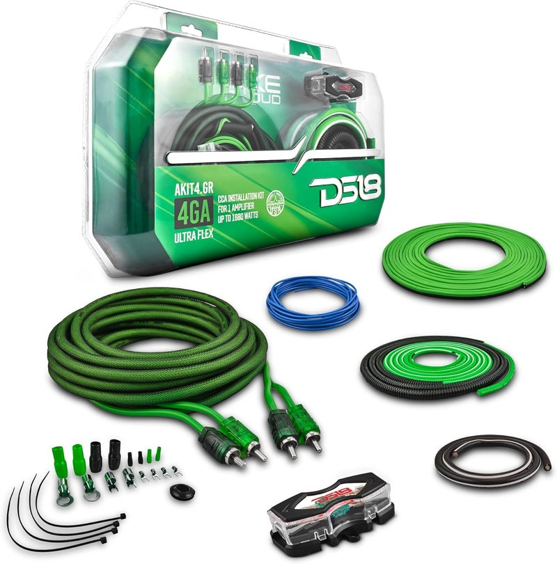 DS18 طقم تركيب مضخم الصوت AKIT4.GR 4-GA حتى 1680 واط RMS، حامل فيوز Mini-ANL، كابلات مكبر الصوت وRCA، طقم أسلاك مضخم CCA، سلك فائق المرونة، طقم أسلاك مضخم، طقم أسلاك مضخم 4 Gauge - أخضر - Image 1